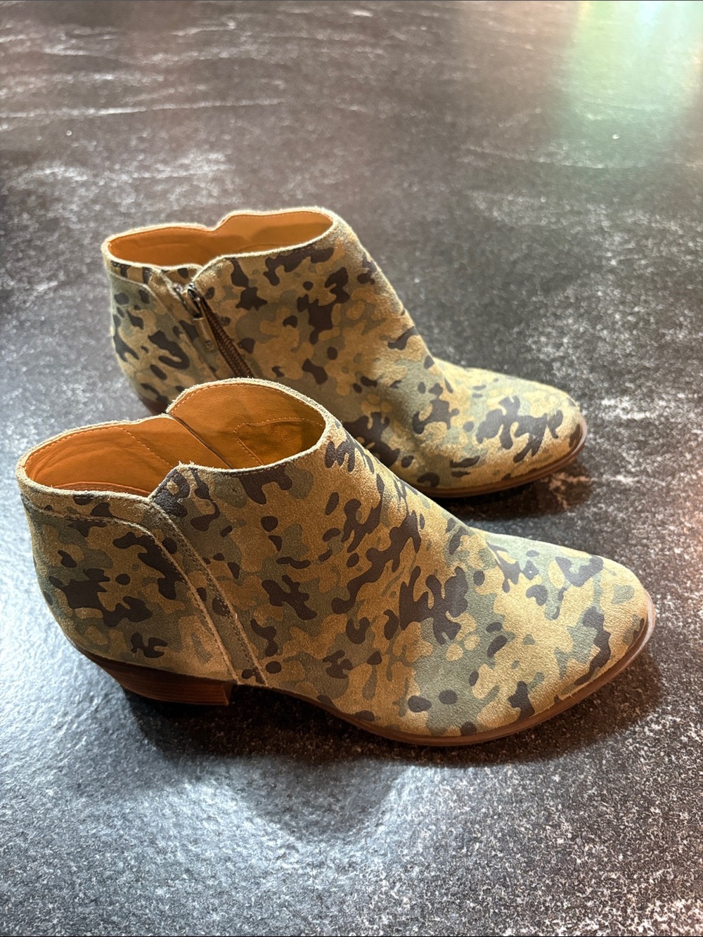 Women’s Lucky Brand Leather Camouflage Ankle Boots with Side Zipper